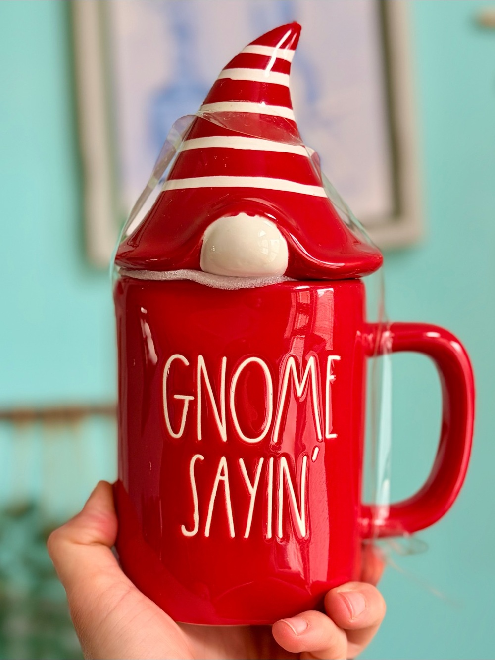Rae Dunn Red 'Gnome Sayin'' Ceramic Mug with Gnome Lid NEW & Festive